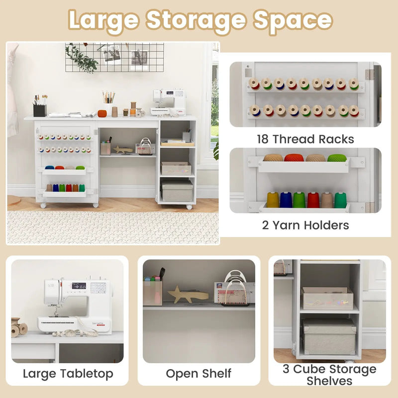 Multifunctional Folding Sewing Machine Craft Station with Storage Shelves-White by DirectDeals