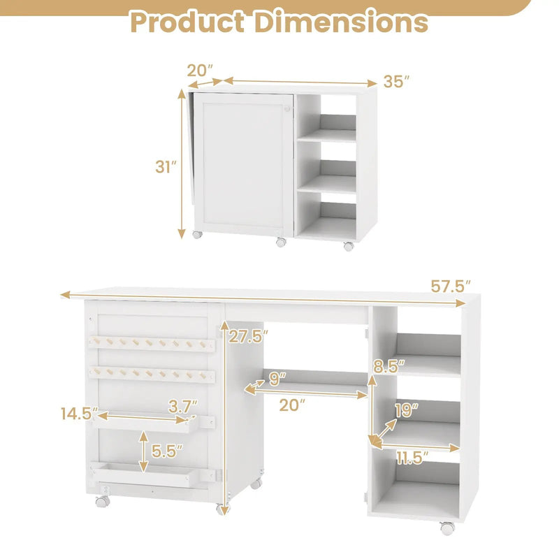 Multifunctional Folding Sewing Machine Craft Station with Storage Shelves-White by DirectDeals
