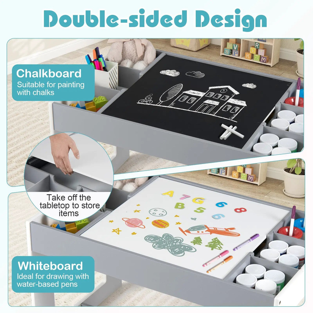 Multifunctional Kids Table and 2 Chairs Set with Chalkboard, photo 16 of 16