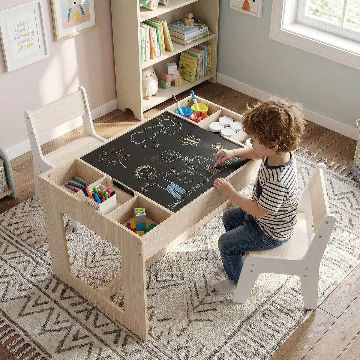 Multifunctional Kids Table and 2 Chairs Set with Chalkboard, photo 3 of 16