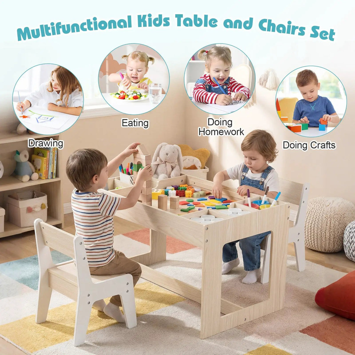 Multifunctional Kids Table and 2 Chairs Set with Chalkboard, photo 13 of 16