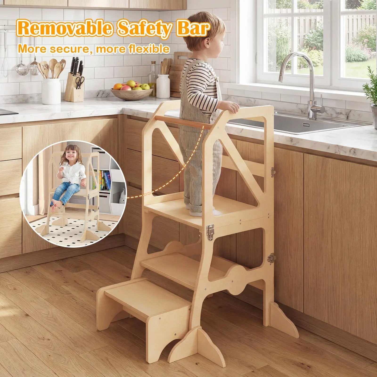 Multifunctional Kids Kitchen Step Stool with Removable Safety Bar and Fixing Buckles by DirectDeals