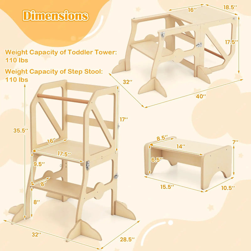 Multifunctional Kids Kitchen Step Stool with Removable Safety Bar and Fixing Buckles by DirectDeals