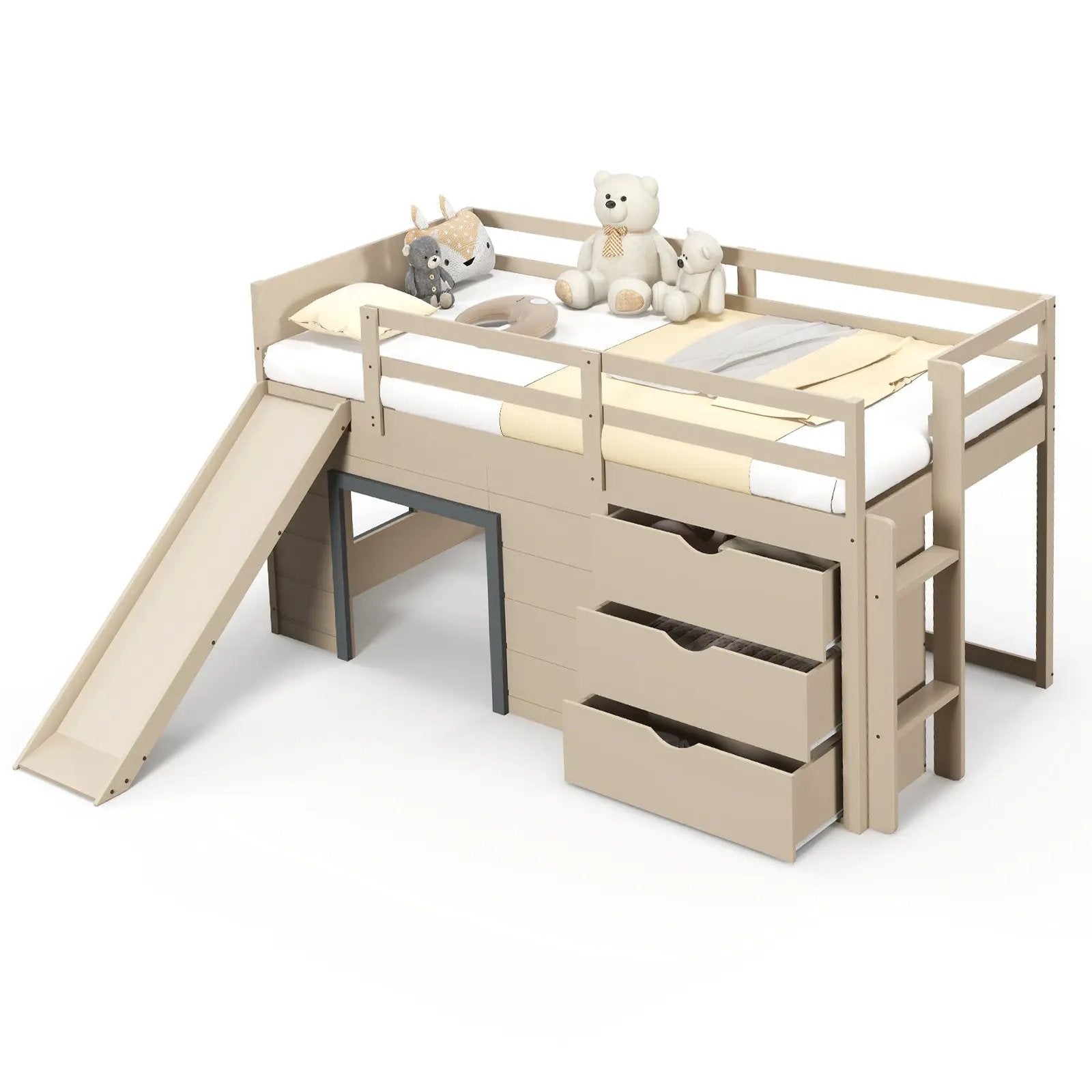 3-In-1 Twin Loft Bed with Slide Ladder Drawers for Kids Teens-Beige by DirectDeals