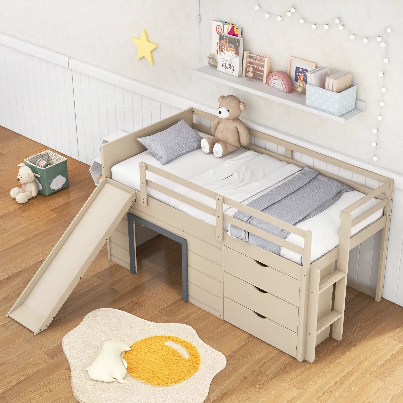 3-In-1 Twin Loft Bed with Slide Ladder Drawers for Kids Teens-Beige by DirectDeals