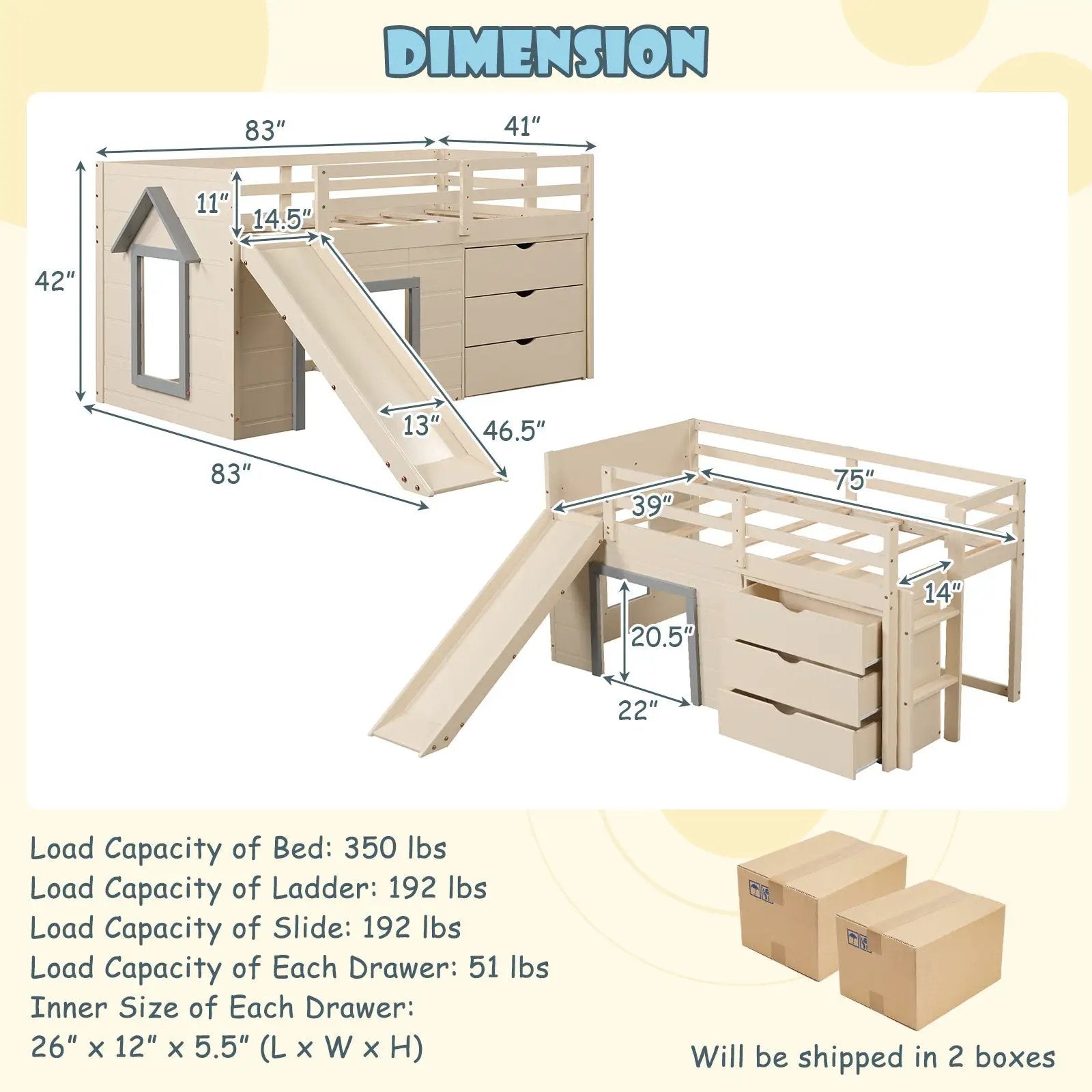 3-In-1 Twin Loft Bed with Slide Ladder Drawers for Kids Teens-Beige by DirectDeals