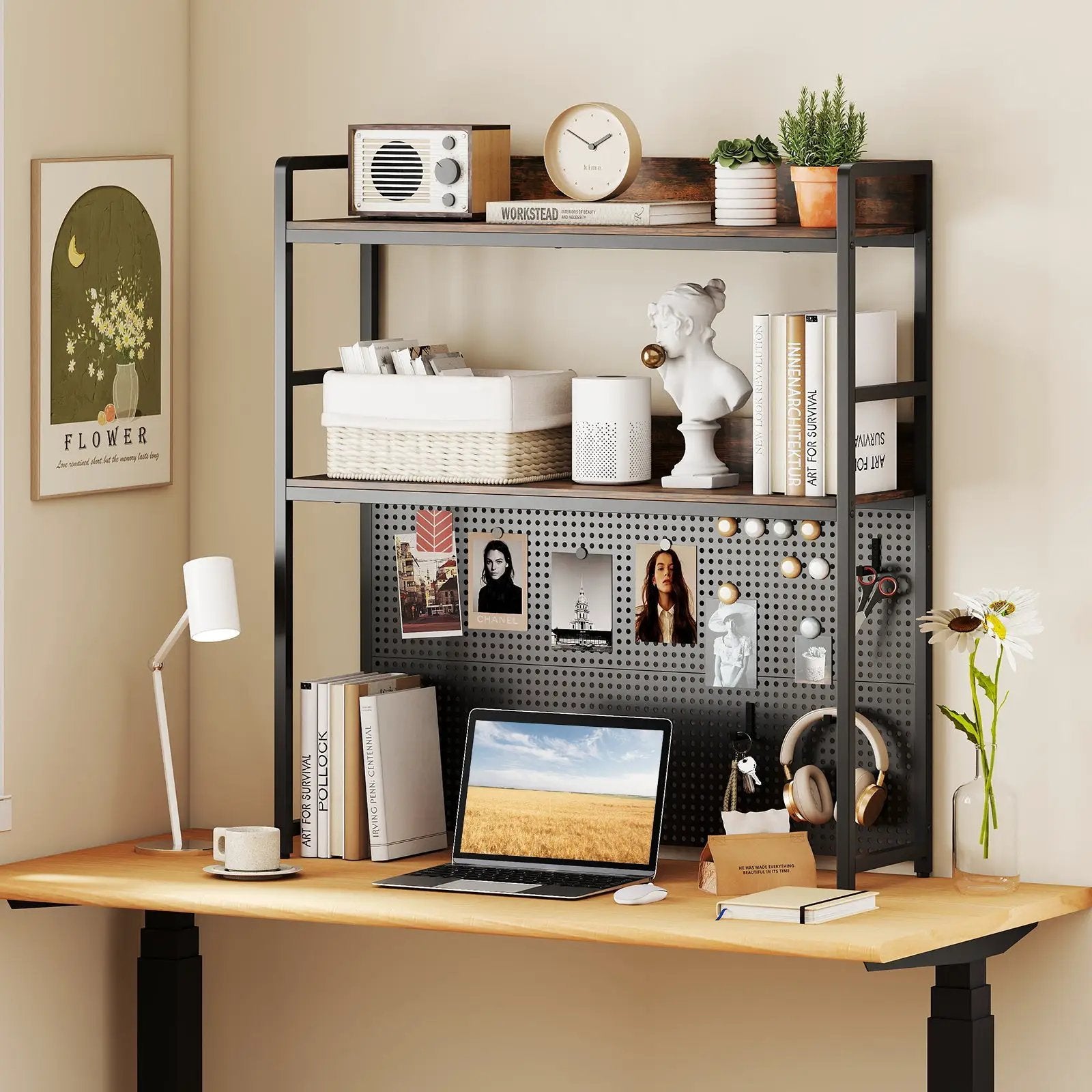 Multipurpose 2-Tier Desktop Bookshelf with Pegboard for up to 32 Inch Computer Monitor-Rustic Brown by DirectDeals