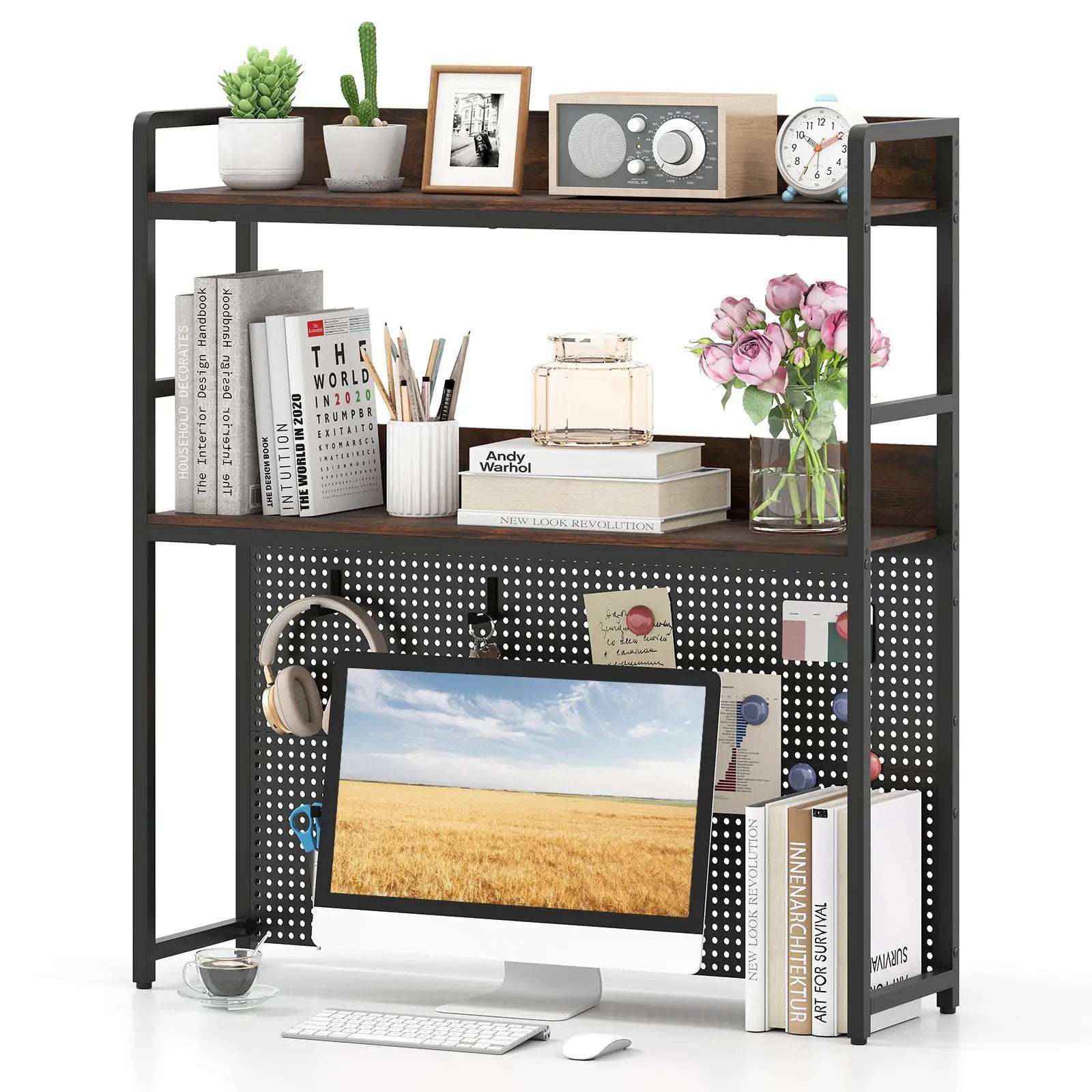 Multipurpose 2-Tier Desktop Bookshelf with Pegboard for up to 32 Inch Computer Monitor-Rustic Brown by DirectDeals