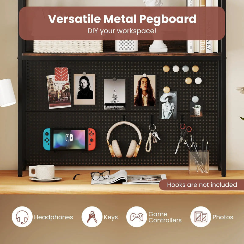 Multipurpose 2-Tier Desktop Bookshelf with Pegboard for up to 32 Inch Computer Monitor-Rustic Brown by DirectDeals