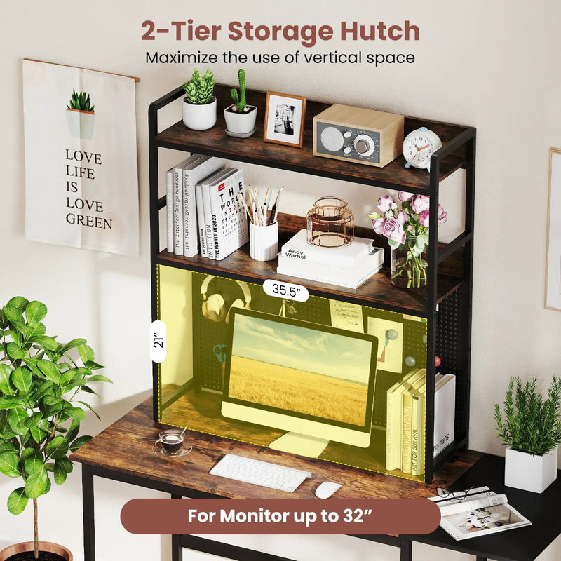 Multipurpose 2-Tier Desktop Bookshelf with Pegboard for up to 32 Inch Computer Monitor-Rustic Brown by DirectDeals