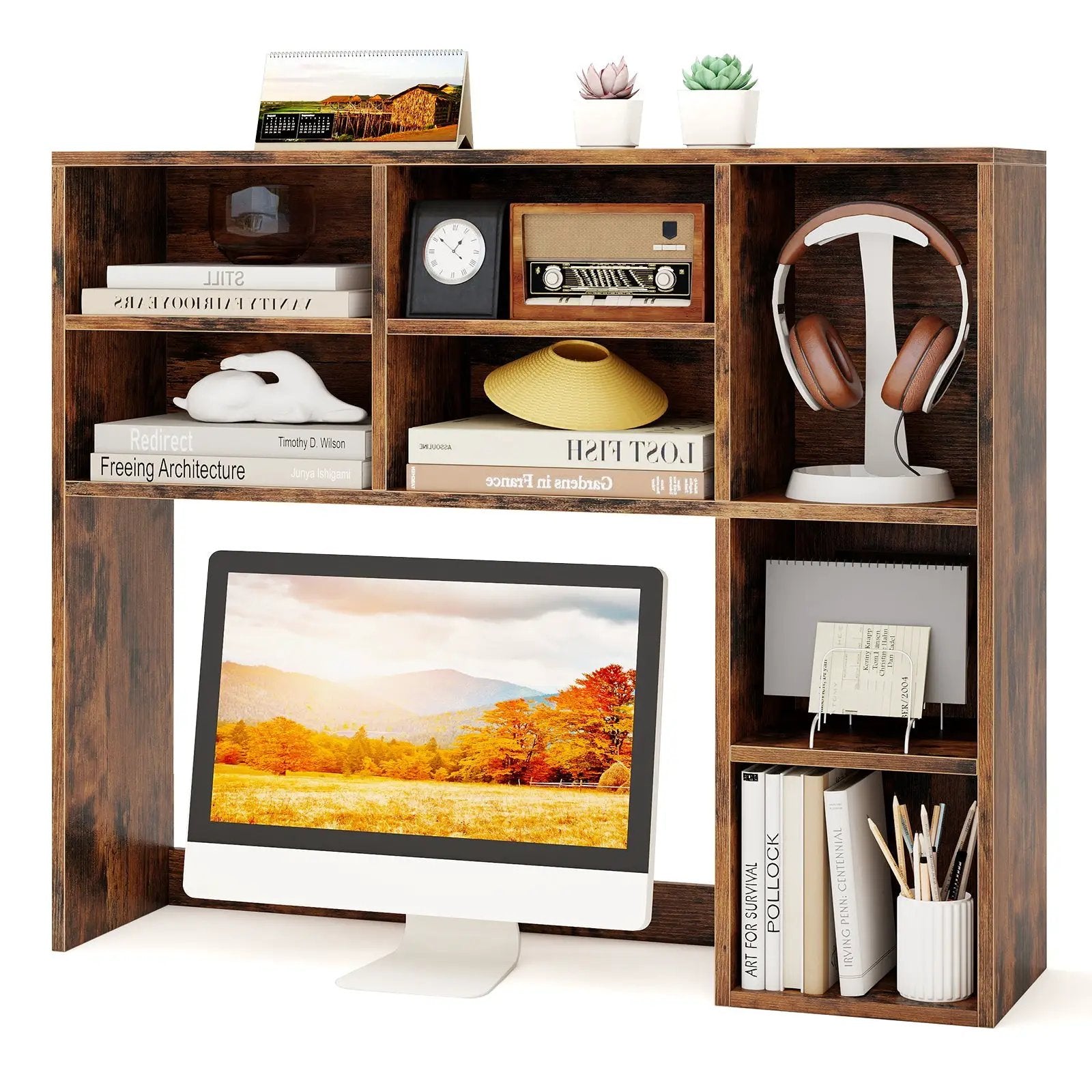 Desktop Bookshelf with 7 Open Cubbies and 3 Adjustable Shelves by DirectDeals