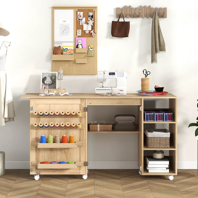 Multipurpose Folding Sewing Table Craft Station with Rattan Door-Natural by DirectDeals