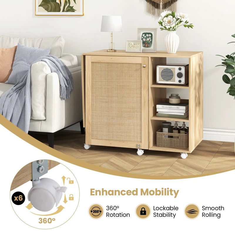 Multipurpose Folding Sewing Table Craft Station with Rattan Door-Natural by DirectDeals