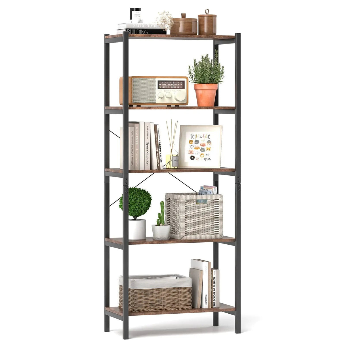 5-Tier Industrial Bookshelf Display Storage Rack with Metal Frame, photo 3 of 9