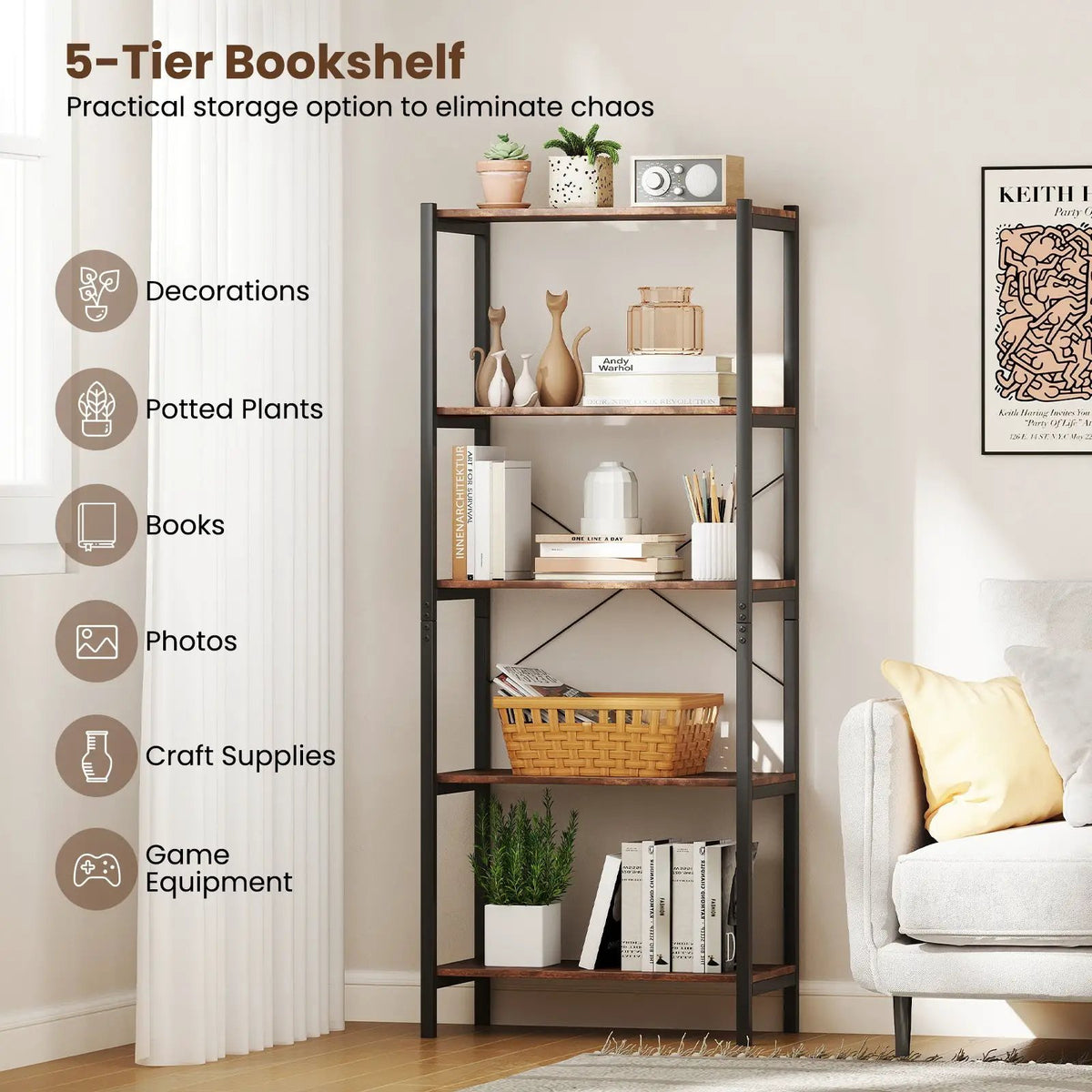 5-Tier Industrial Bookshelf Display Storage Rack with Metal Frame, photo 6 of 9