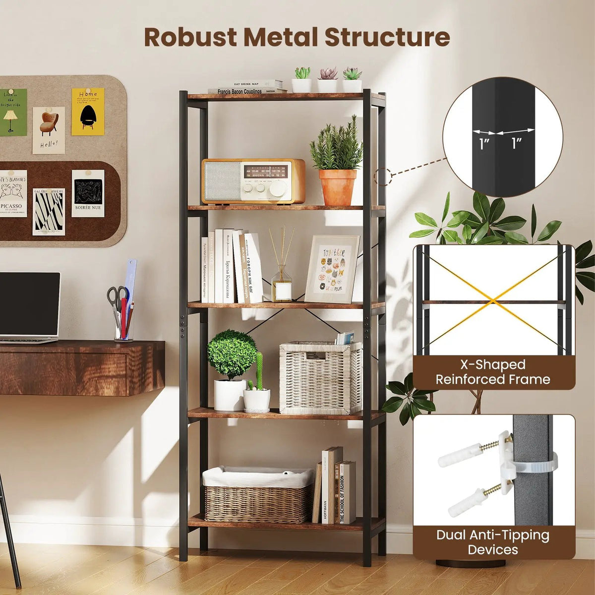 5-Tier Industrial Bookshelf Display Storage Rack with Metal Frame, photo 7 of 9
