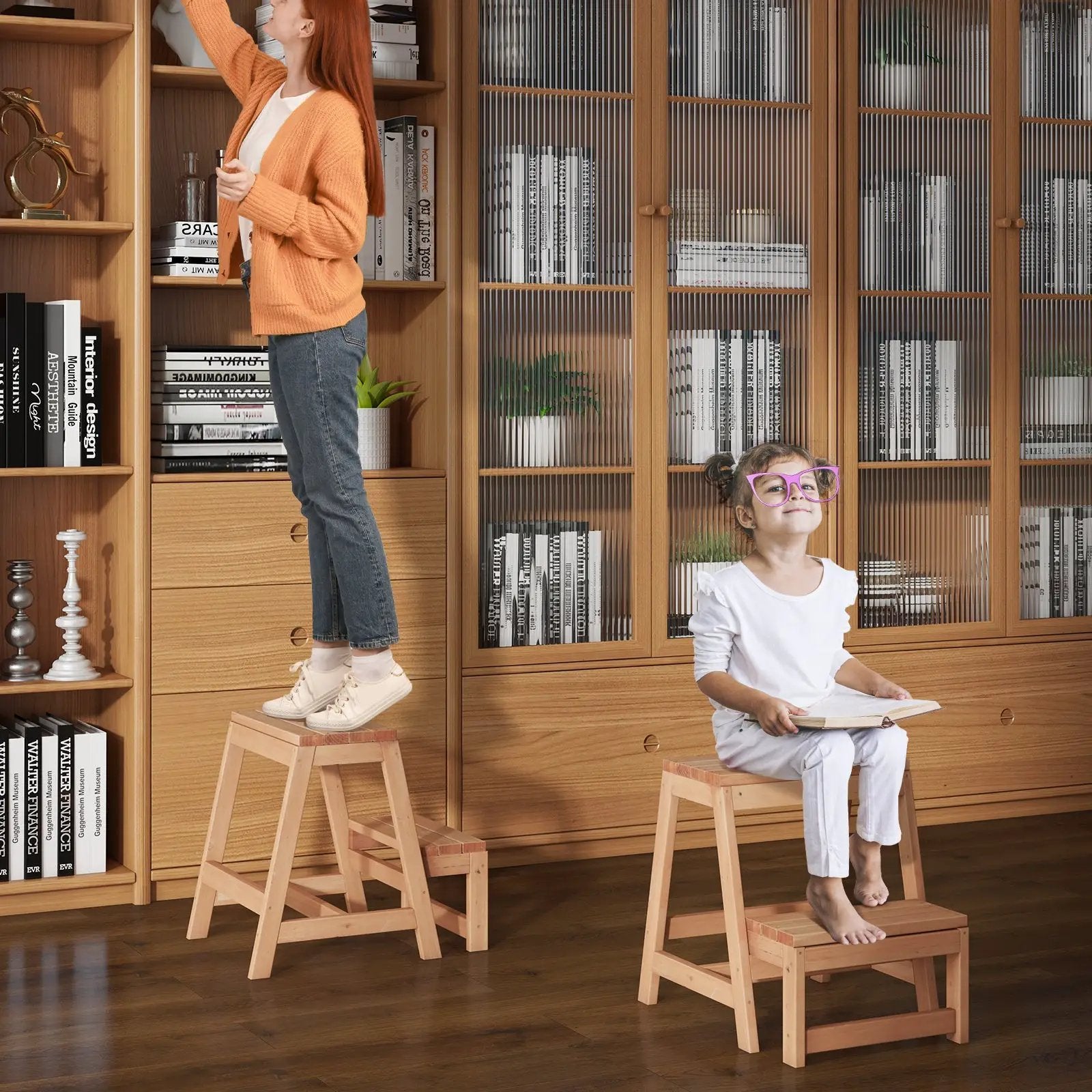 Multipurpose Wood Folding 2-Step Stool for Indoor Outdoor Plant Stand-Natural by DirectDeals