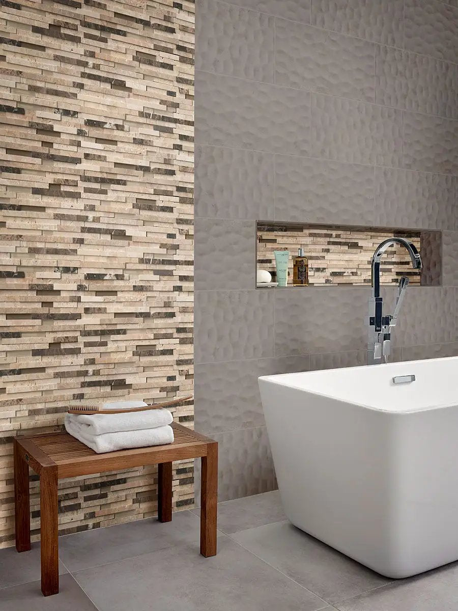 Adella Viso Gris 12x24 Satin Matte Ceramic Mosaics in a finished room