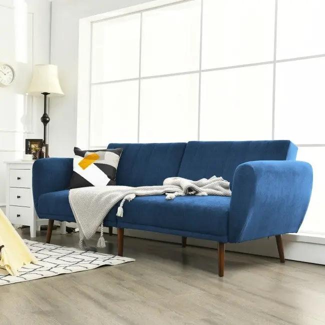 Modern Scandinavian Blue Linen Upholstered Sofa Bed with Wooden Legs by HomePacific