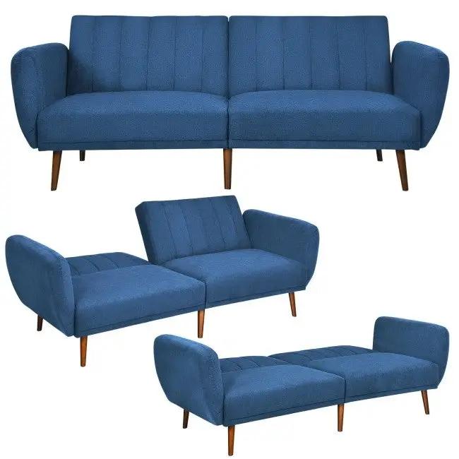 Modern Scandinavian Blue Linen Upholstered Sofa Bed with Wooden Legs by HomePacific