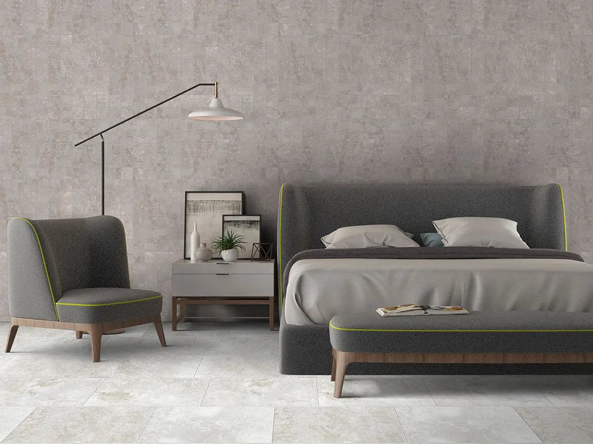Essentials Ansello Grey Matte Travertine Look Ceramic Tiles 12x24 in a finished room