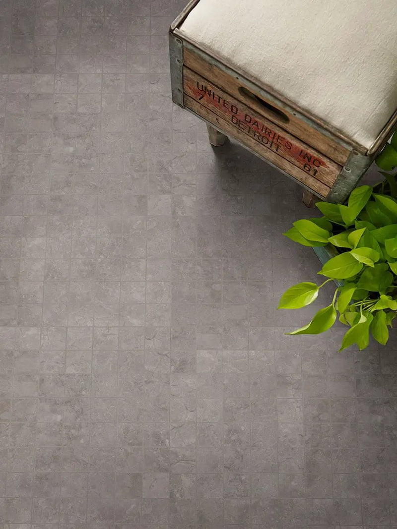 Essentials Ansello Grey Matte Travertine Look Ceramic Mosaics 2x2 in a finished room