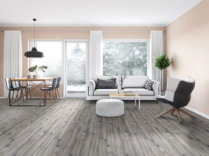 Antoni Gris Matte Wood Look Porcelain Tiles 6x36 in a finished room