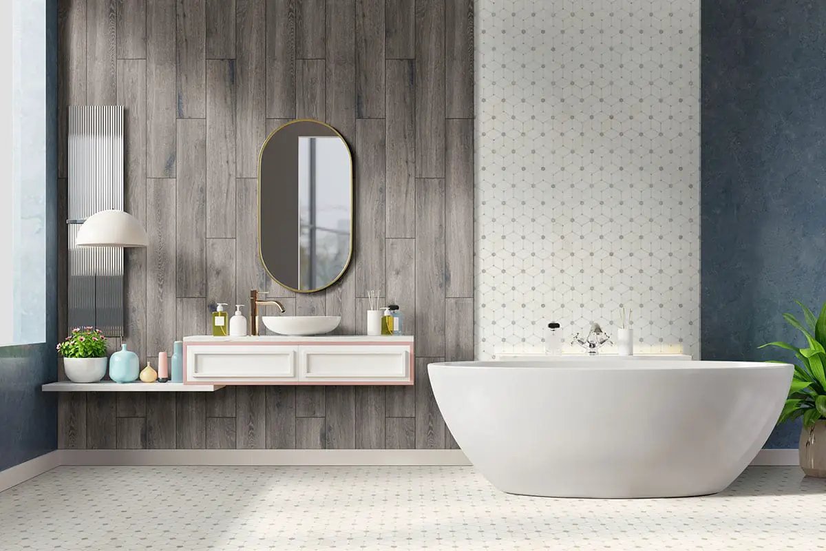 Antoni Gris Matte Wood Look Porcelain Tiles 6x36 in a finished room