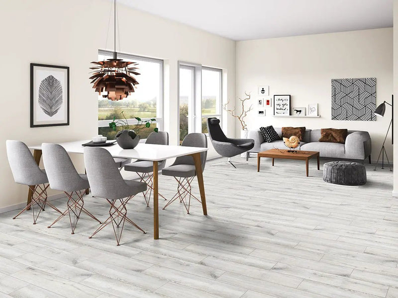 Antoni Platinum Matte Wood Look Porcelain Tiles 6x36 in a finished room