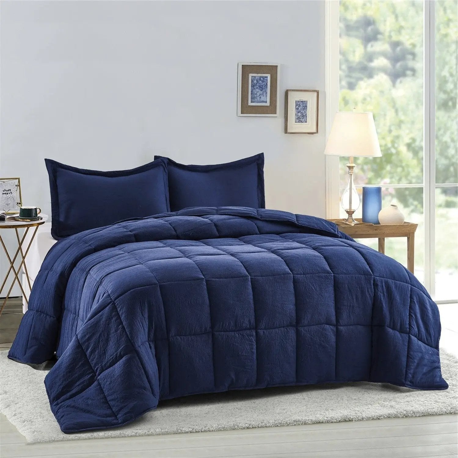 Queen Size Navy 3 Piece Microfiber Reversible Comforter Set by HomePacific