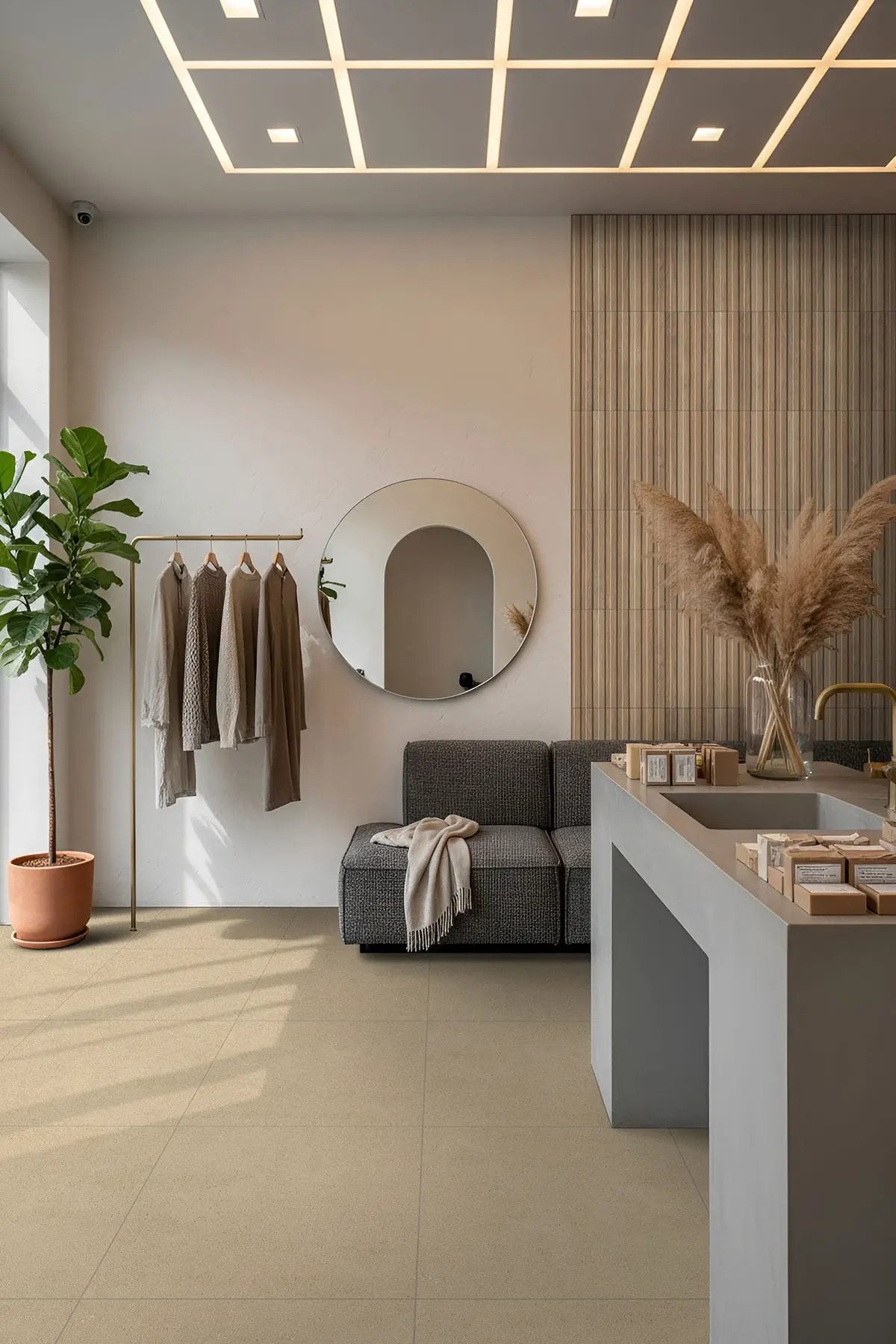 Architecta Beige Matte Porcelain Tiles 24x48 in a finished room