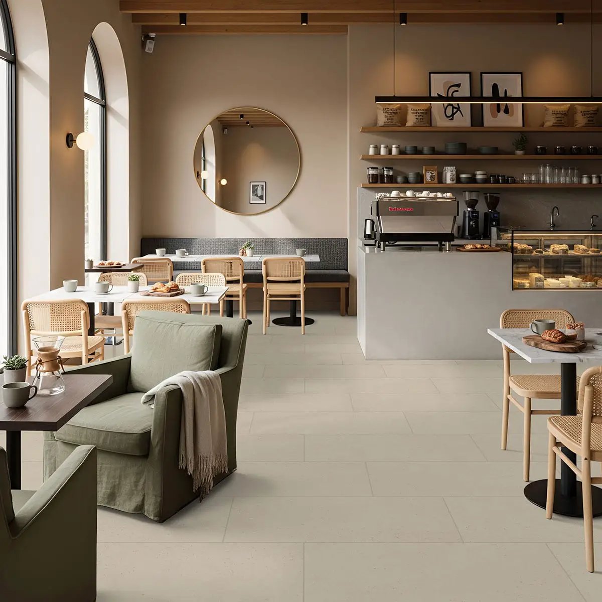 Architecta Glacier Matte Porcelain Tiles 12x24 in a finished room