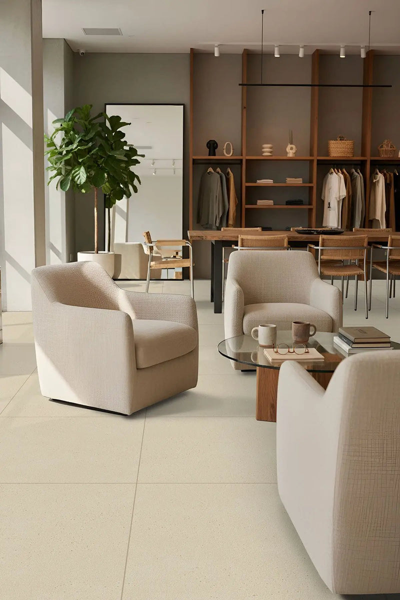 Architecta Glacier Matte Porcelain Tiles 24x24 in a finished room
