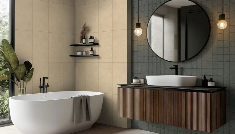 Architecta Graphite Matte Porcelain Tiles 24x48 in a finished room