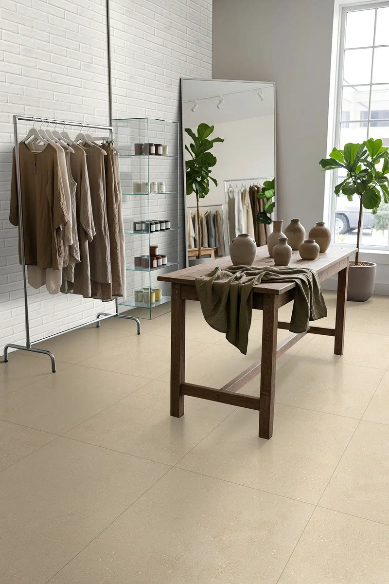 Architecta Greige Matte Porcelain Tiles 24x24 in a finished room