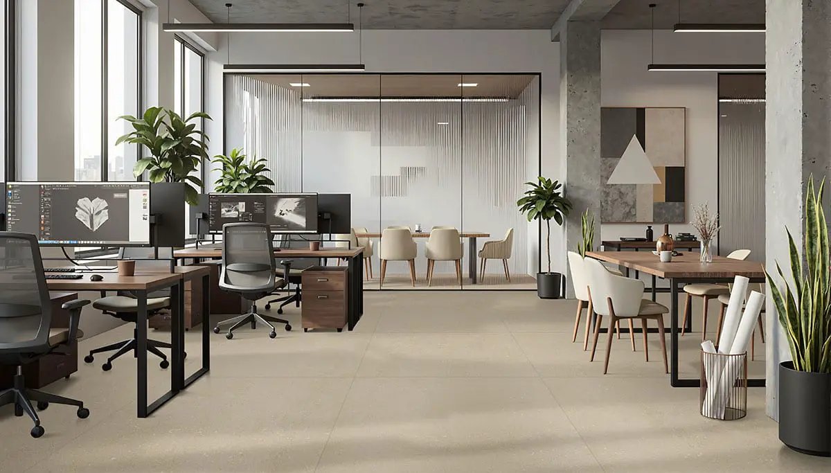 Architecta Greige Matte Porcelain Tiles 48x48 in a finished room