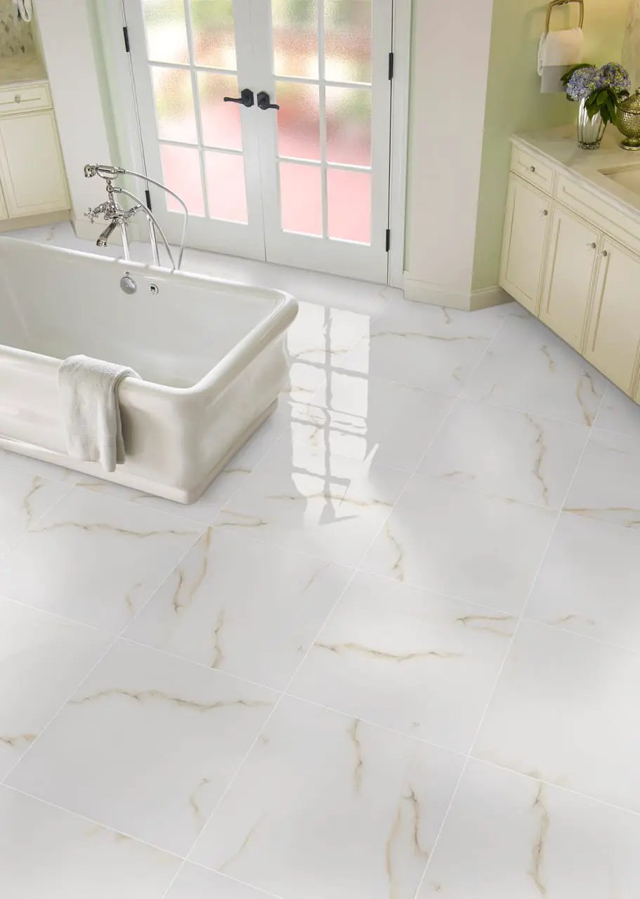 Aria Bianco Polished Marble Look Porcelain Tiles 12x24 in a finished room