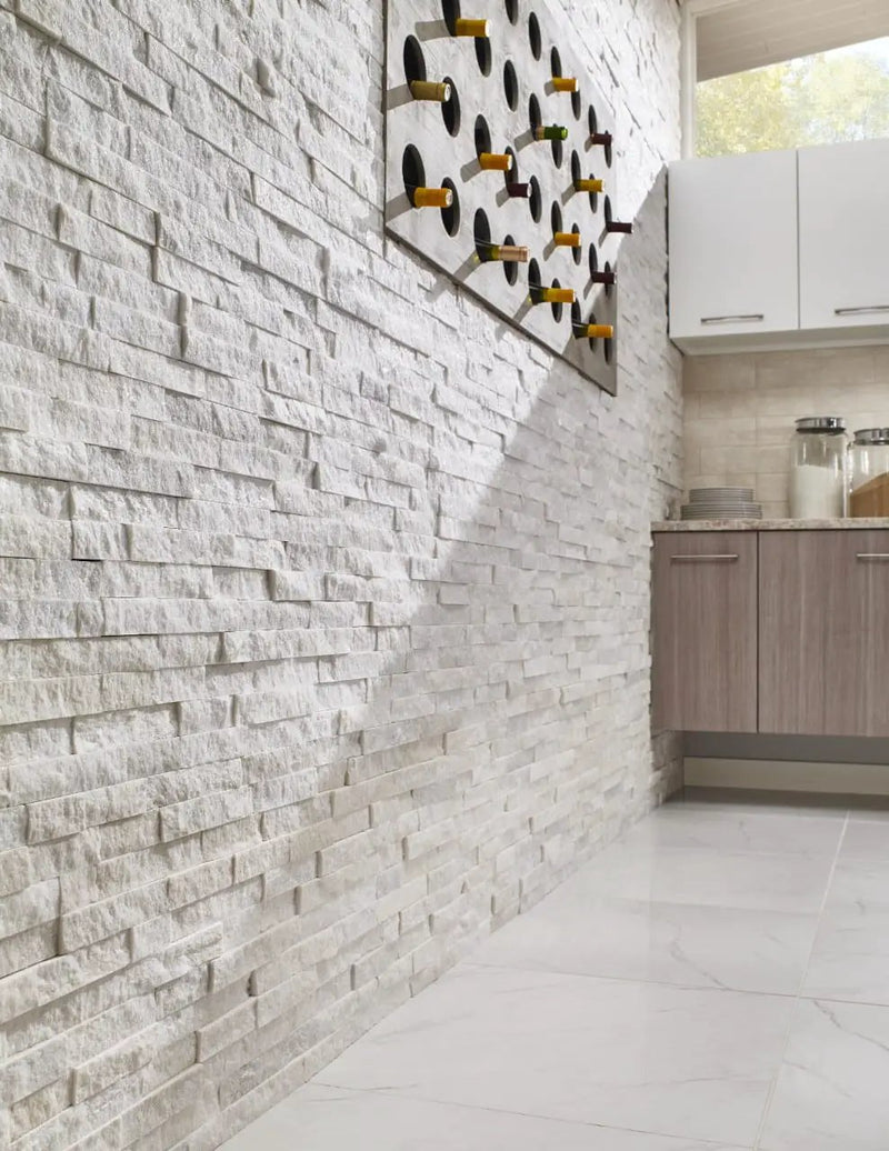 Aria Bianco Polished Bullnose Marble Look Porcelain Moldings 3x18 in a finished room