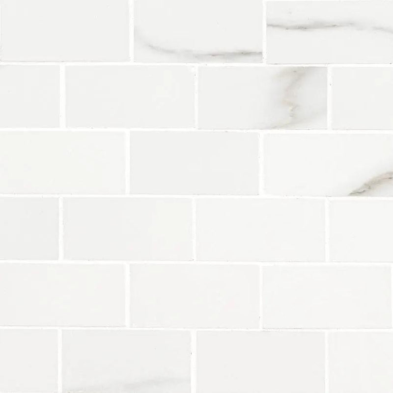 Aria Bianco Polished Marble Look Porcelain Mosaics 2x4 close up
