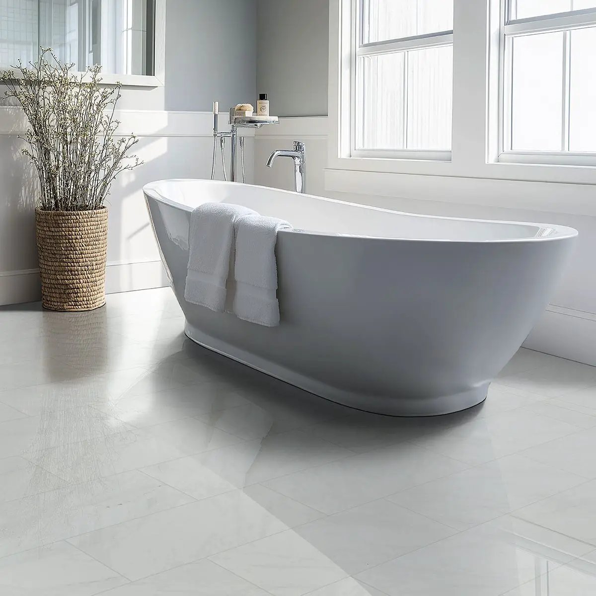 Aria Ice Polished Marble Look Porcelain Mosaics 2x4 in a finished room