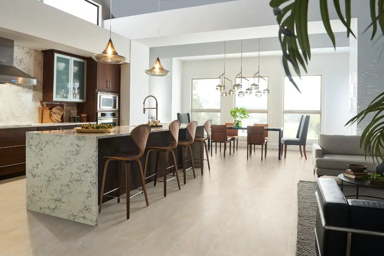 Aria Oro Polished Marble Look Porcelain Tiles 24x24 in a finished room