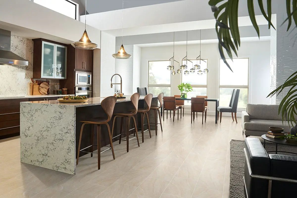 Aria Oro Polished Marble Look Porcelain Tiles 24x24 in a finished room