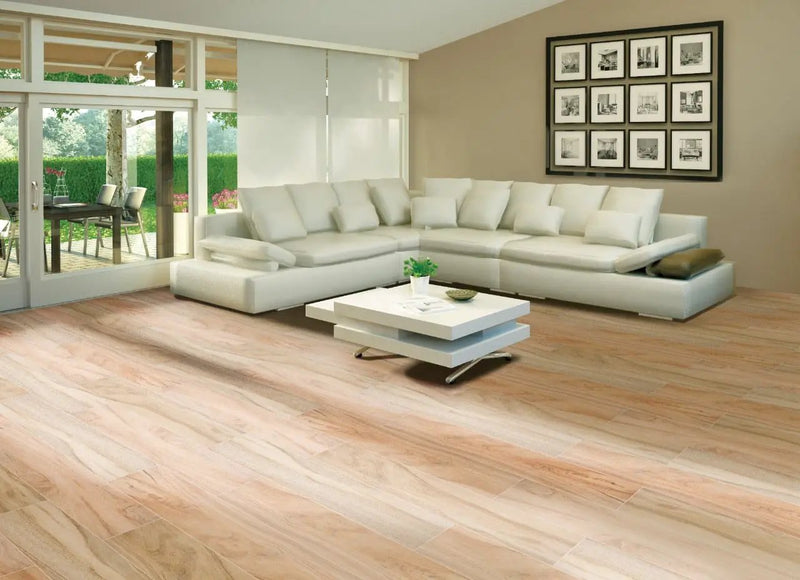 Aspenwood Artic Matte Porcelain Tiles 9x48 in a finished room