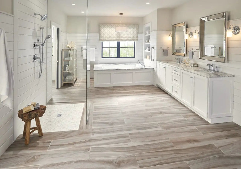 Aspenwood Ash Matte Porcelain Tiles 9x48 in a finished room