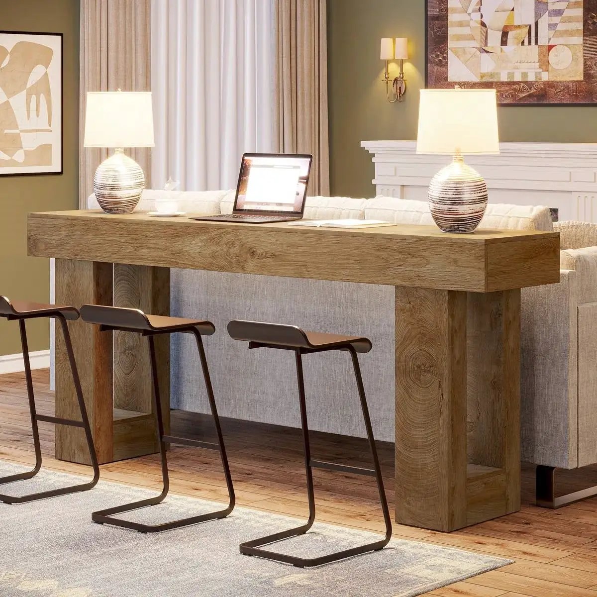 Modern Farmhouse 63-inch Long Narrow Console Sofa Table in Natural Wood Finish by HomePacific