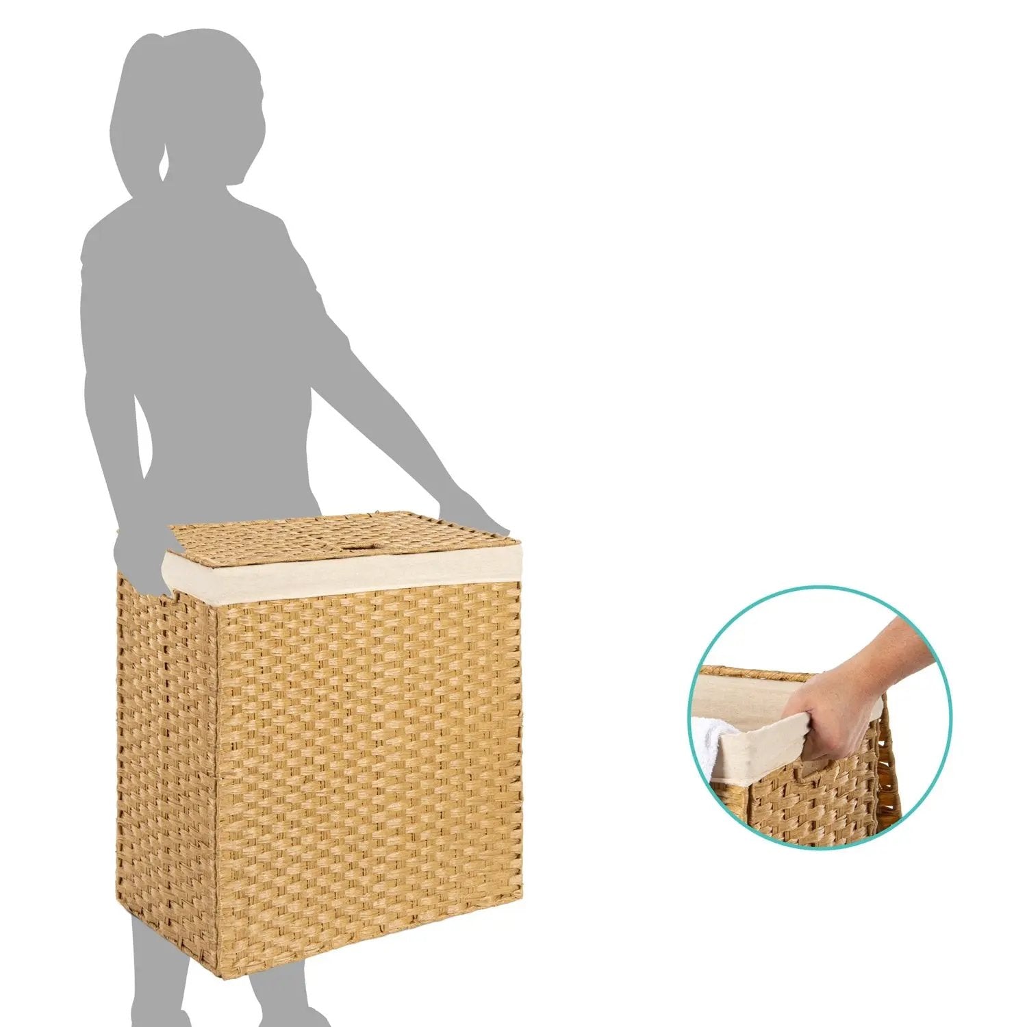 Folding 2-Bin Natural PE Wicker Linen Liner Laundry Hamper w/ Handles by HomePacific