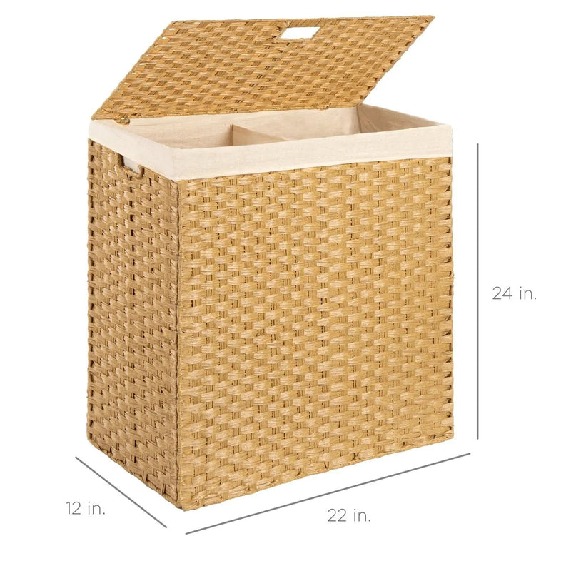 Folding 2-Bin Natural PE Wicker Linen Liner Laundry Hamper w/ Handles by HomePacific