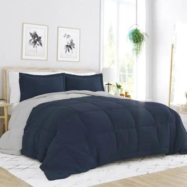 Full/Queen 3-Piece Microfiber Reversible Comforter Set in Navy Blue and Grey by HomePacific