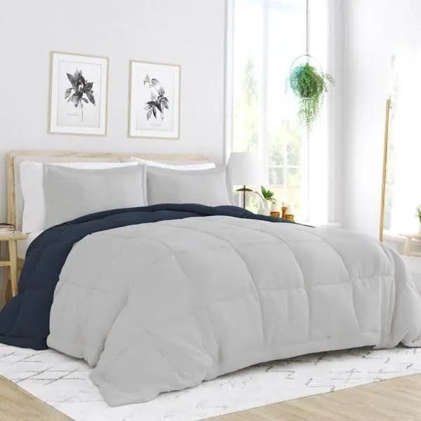 Full/Queen 3-Piece Microfiber Reversible Comforter Set in Navy Blue and Grey by HomePacific