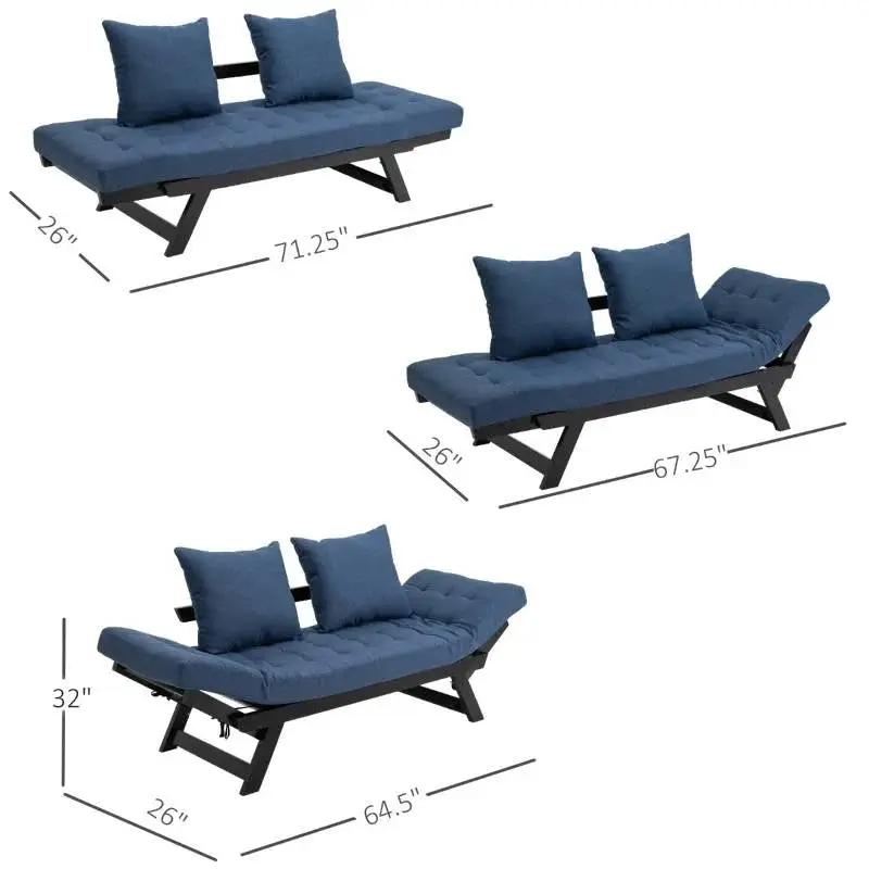 Navy/Black 3 In 1 Convertible Sofa Chaise Lounger Bed with 2 Large Pillows by HomePacific
